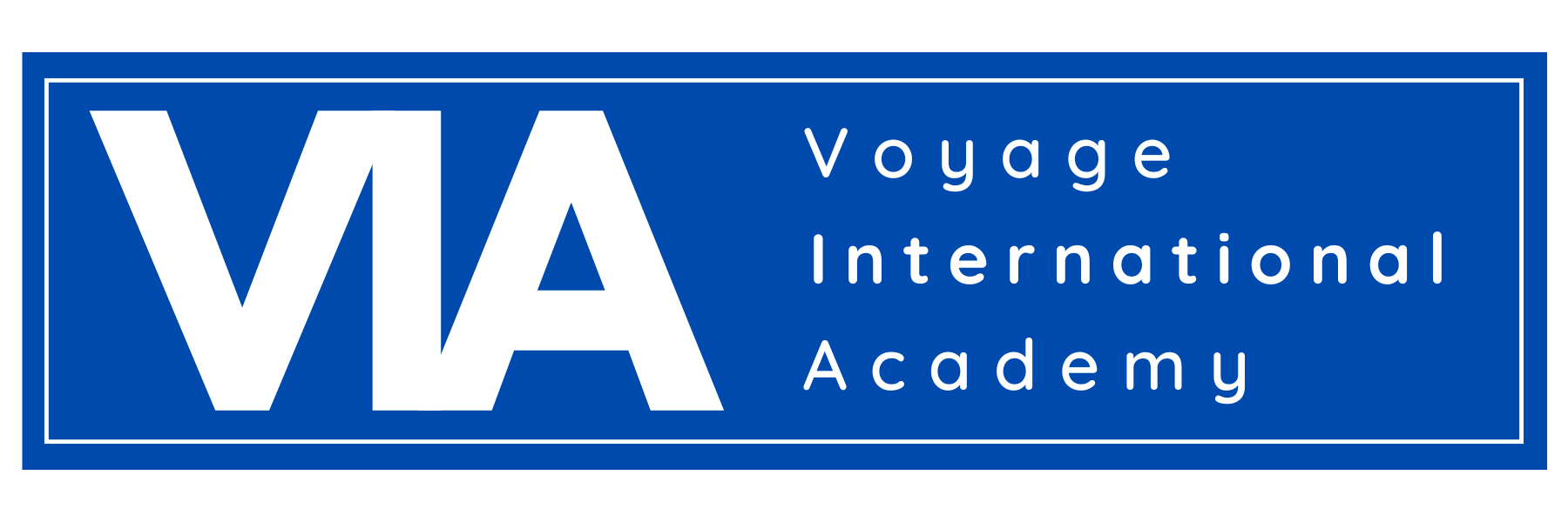 Voyage International Academy Logo - BLue background and white text with VIA icon